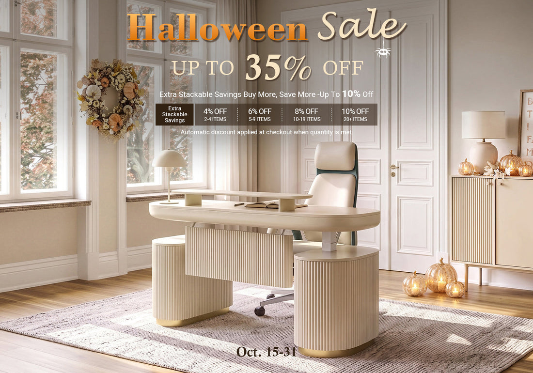 Halloween furniture sale featuring a cream desk and office chair with autumn décor, offering up to 35% off plus up to 10% in extra stackable savings, October 15–31.