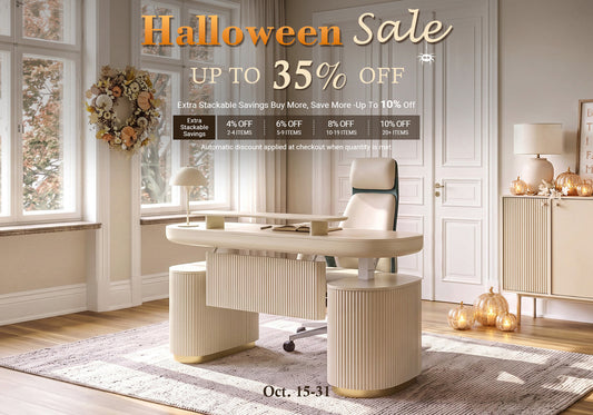 Halloween furniture sale featuring a cream desk and office chair with autumn décor, offering up to 35% off plus up to 10% in extra stackable savings, October 15–31.