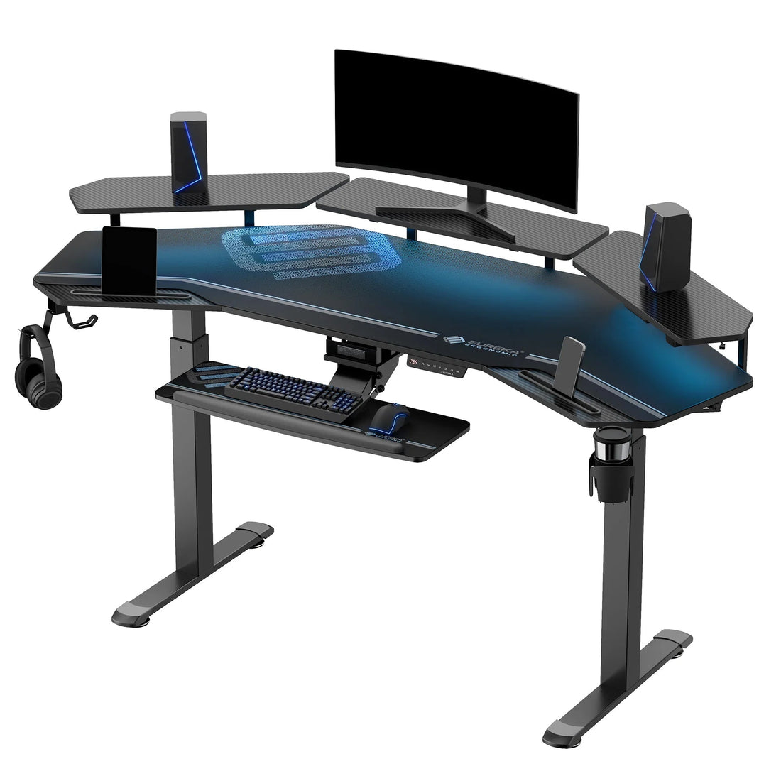 A L-shaped gaming desk with a curved monitor. The desk has a lower shelf and is shown in an elevated position.