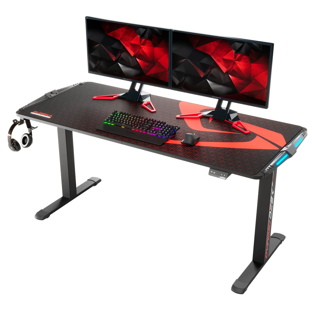 Gaming Standing Desk with RGB Lighting (65"x27") - Eureka Ergonomic Gaming Standing Desk With Rgb Lighting, Black With Red Accents and Integrated Led Lights.