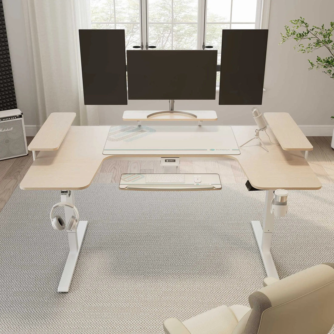 U-Shaped Standing Desk with Accessories Set (74"x23") - Eureka Ergonomic U-Shaped Standing Desk in Light Wood Finish With Ergonomic Accessories, Workspace Setup.