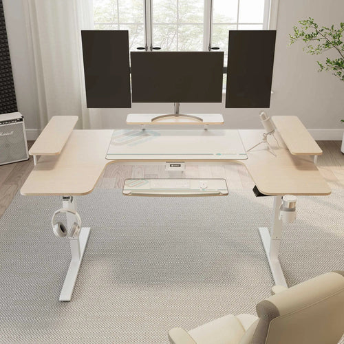 U-Shaped Standing Desk with Accessories Set (74"x23") - Eureka Ergonomic U-Shaped Standing Desk in Light Wood Finish With Ergonomic Accessories, Workspace Setup.