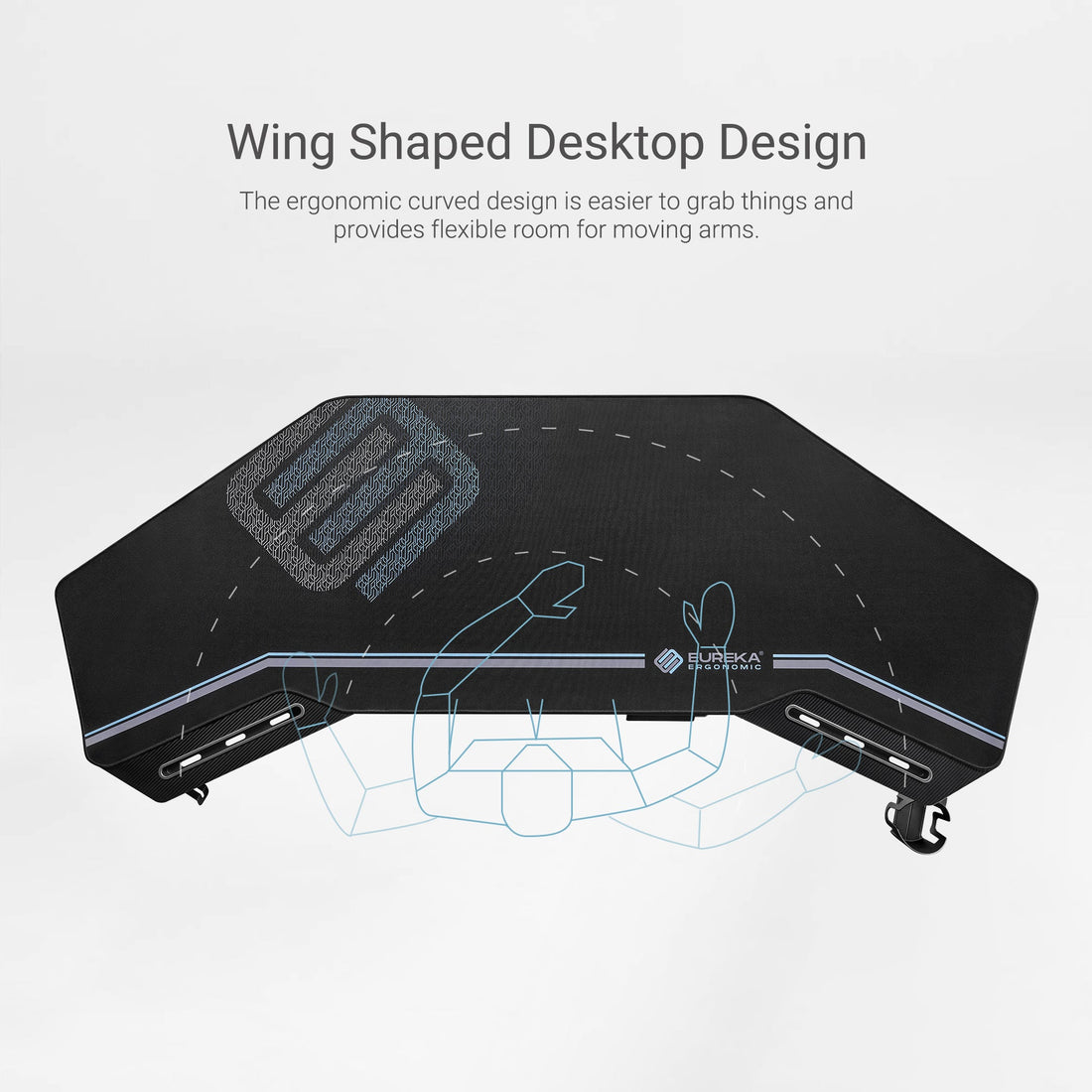 Aero Pro Wing-Shaped Standing Desk (72"x23") - Eureka Ergonomic Full-Desk Mouse Pad, Black Surface With Blue Accents, Ergonomic Design, Non-Slip Rubber Base, Soft Fabric.