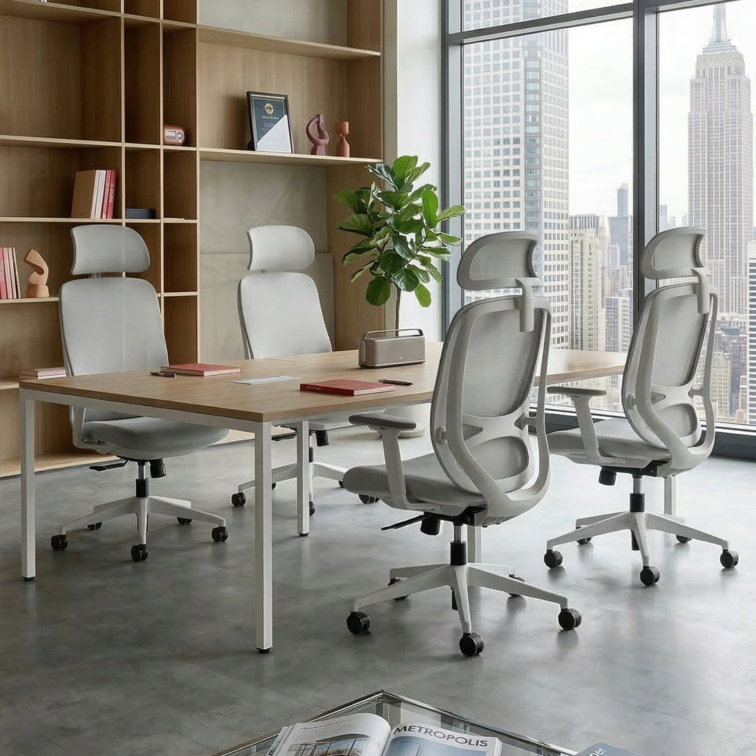 Modern conference room with ergonomic office chairs and city view