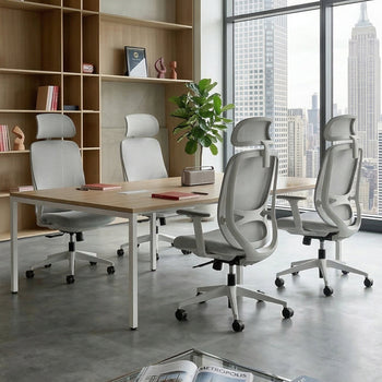 Modern conference room with ergonomic office chairs and city view