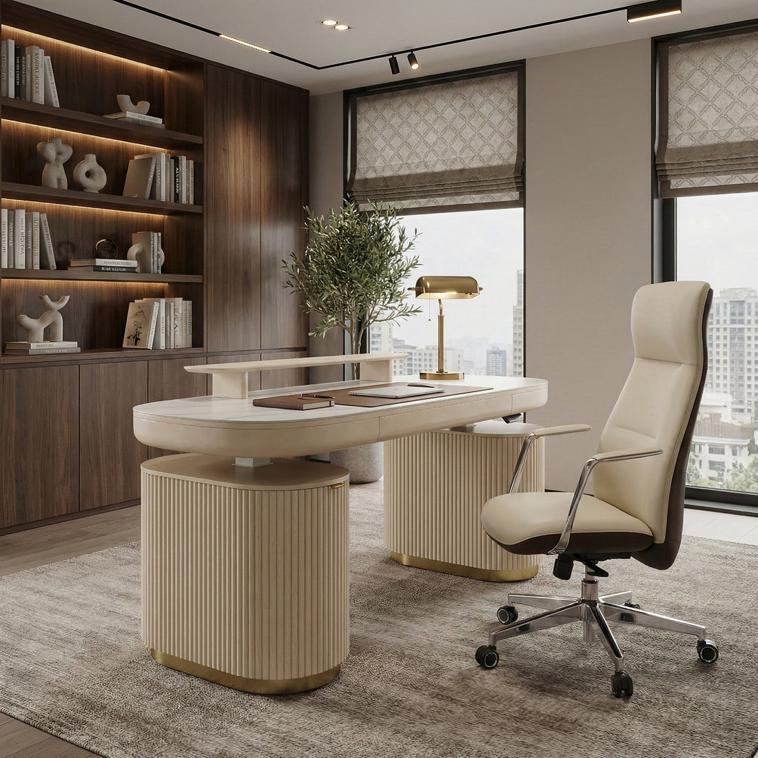 Eureka Ergonomic Serene beige leather chair paired with an electric standing desk during Memorial Day Sale.