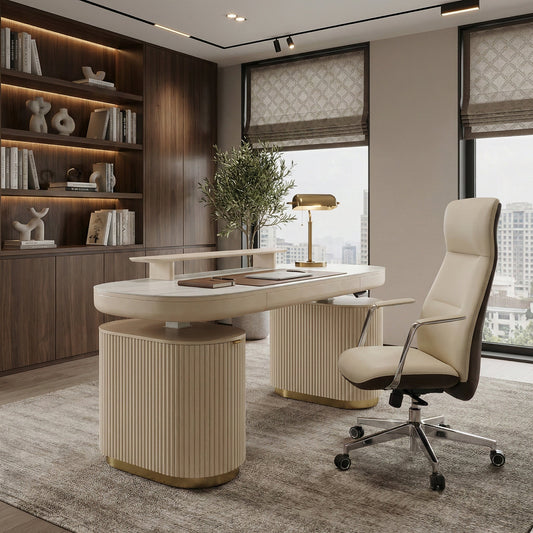 Eureka Ergonomic Serene beige leather chair paired with an electric standing desk during Memorial Day Sale.