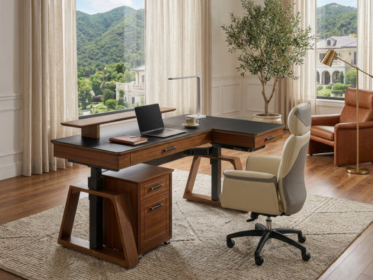 Wood standing desk with ergonomic chair in luxury home office