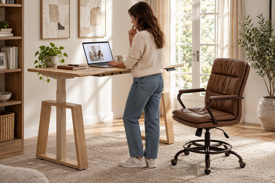 A shopper reviews the Ark Lite standing desk and PU leather chair bundle on a laptop in a home office.