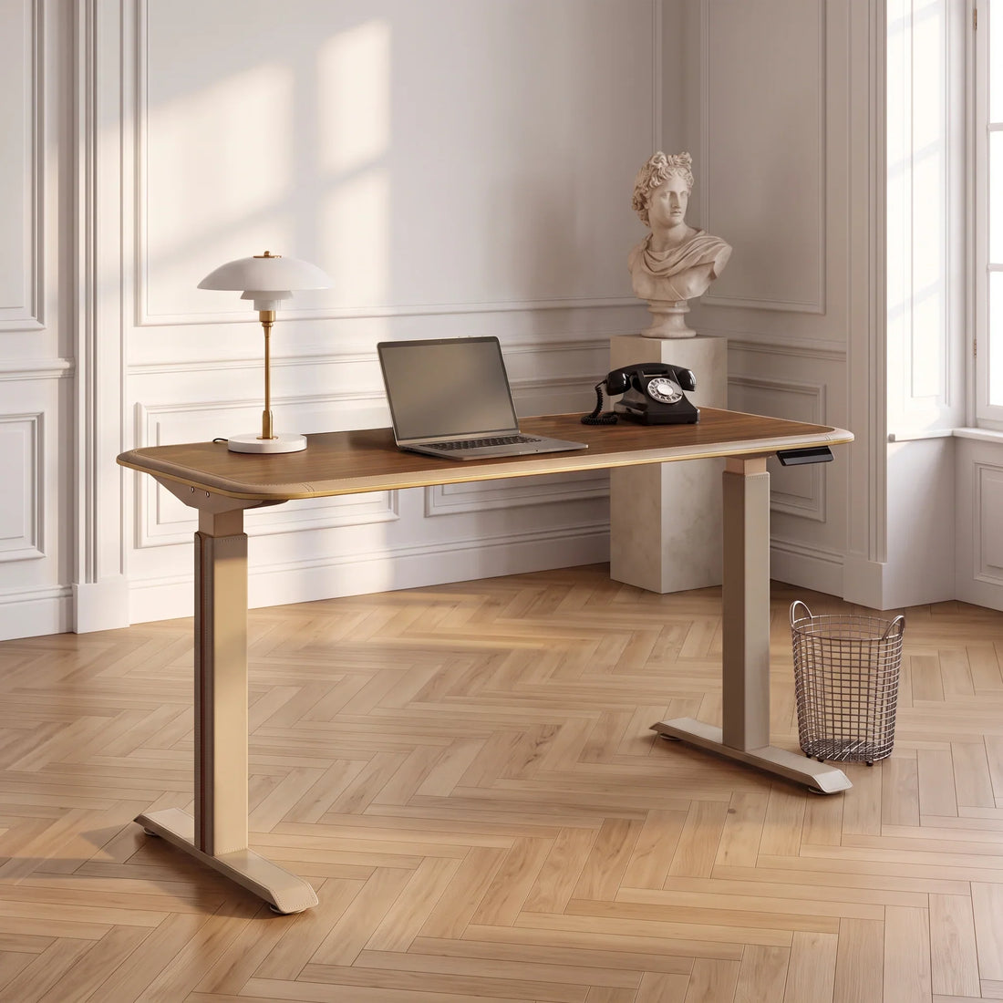 Eureka Ergonomic Norwood standing desk in a classic study with herringbone floors and a laptop.