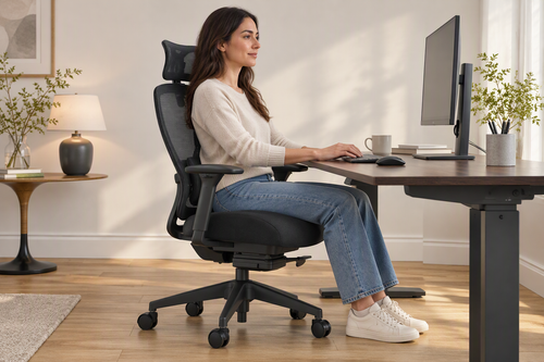 A person works upright in a Lark ergonomic office chair, with their lower back against the backrest and their head not resting on the headrest.