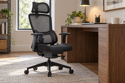 Lark black mesh ergonomic chair paused just outside a desk opening, with the armrests and desk underside visible.