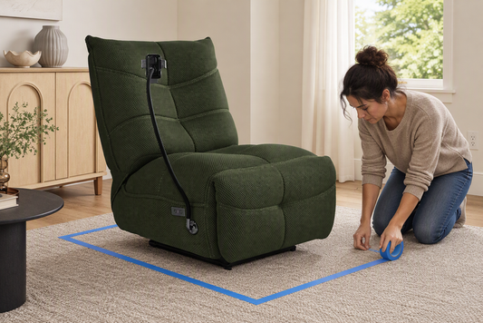A person marks a provisional recline area with painter’s tape beside a green Linx power recliner, with a wall outlet visible nearby.