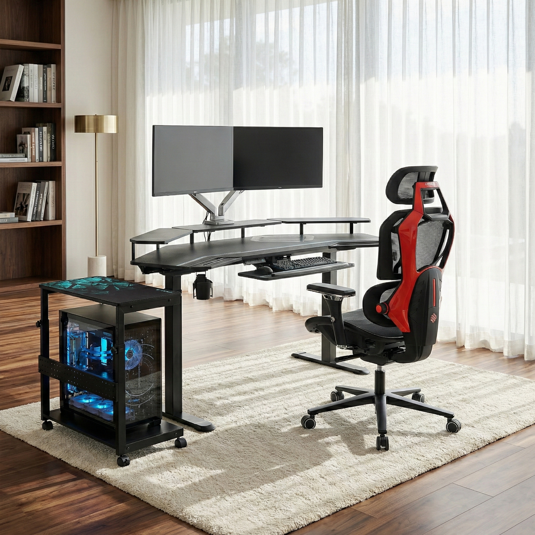 Professional Set: Aero Pro Standing Desk, Chair & Accessories - Eureka Ergonomic Professional Set with Aero Pro Standing Desk, Typhon Hybrid Ergonomic Gaming Chair and Accessories in home office for gaming.