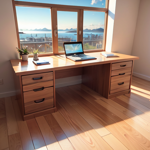 Wooden desk with a laptop and plants, placed by a window in an office.
