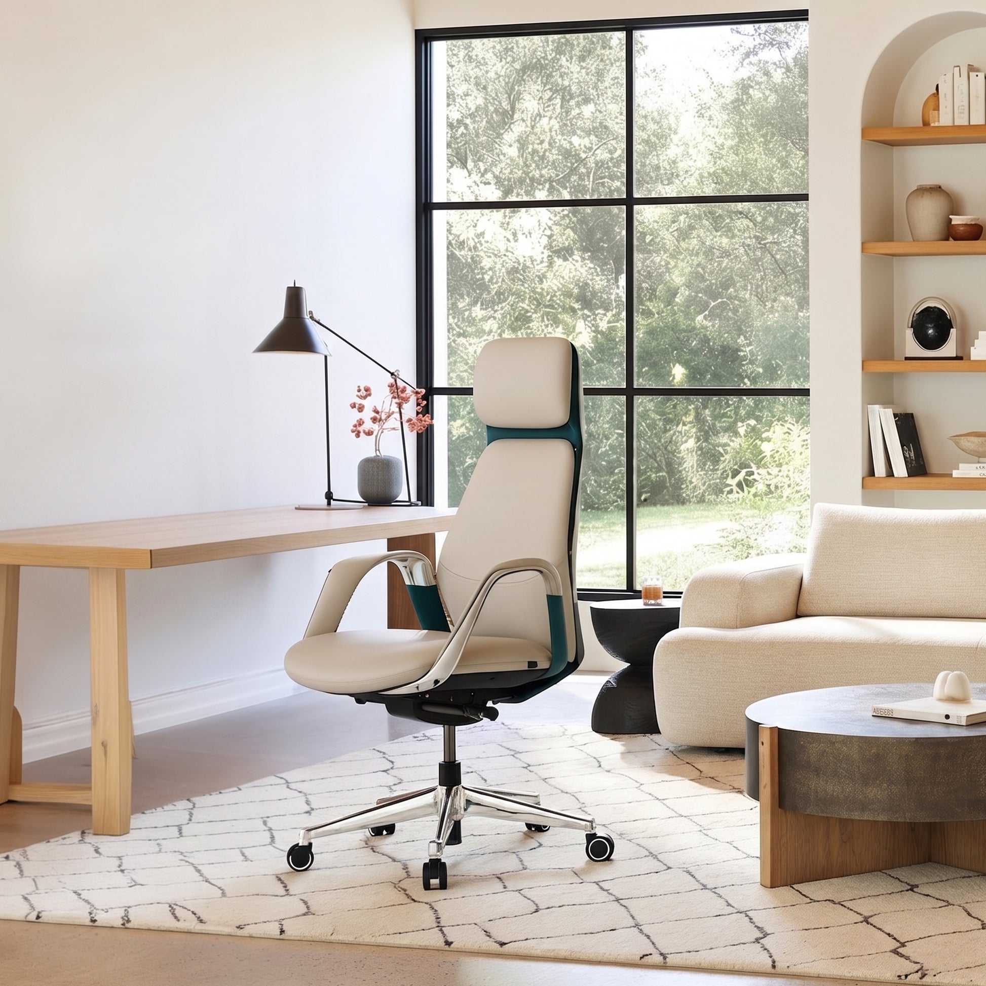 Eureka Ergonomic cream leather executive chair in a home office