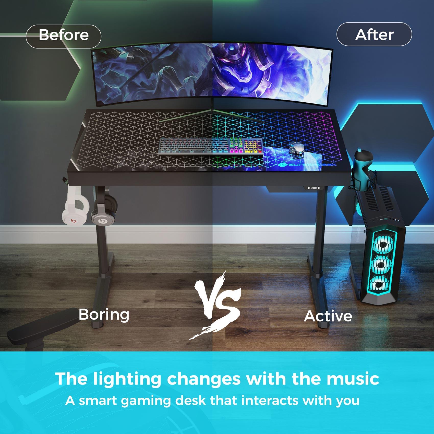 GTG-I43 43 inch Glass RGB Desktop Gaming Desk, Fixed Height Desk, with Accessory Set, Smart Gaming Desk, Pro RBG Lighting