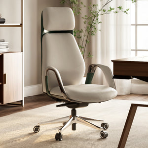 Serene Napa Leather Executive Office Chair - Cream Napa Leather With Dark Green Accents.