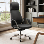 Eureka Ergonomic Serene black Napa leather executive office chair with chrome accents in a modern office setting.