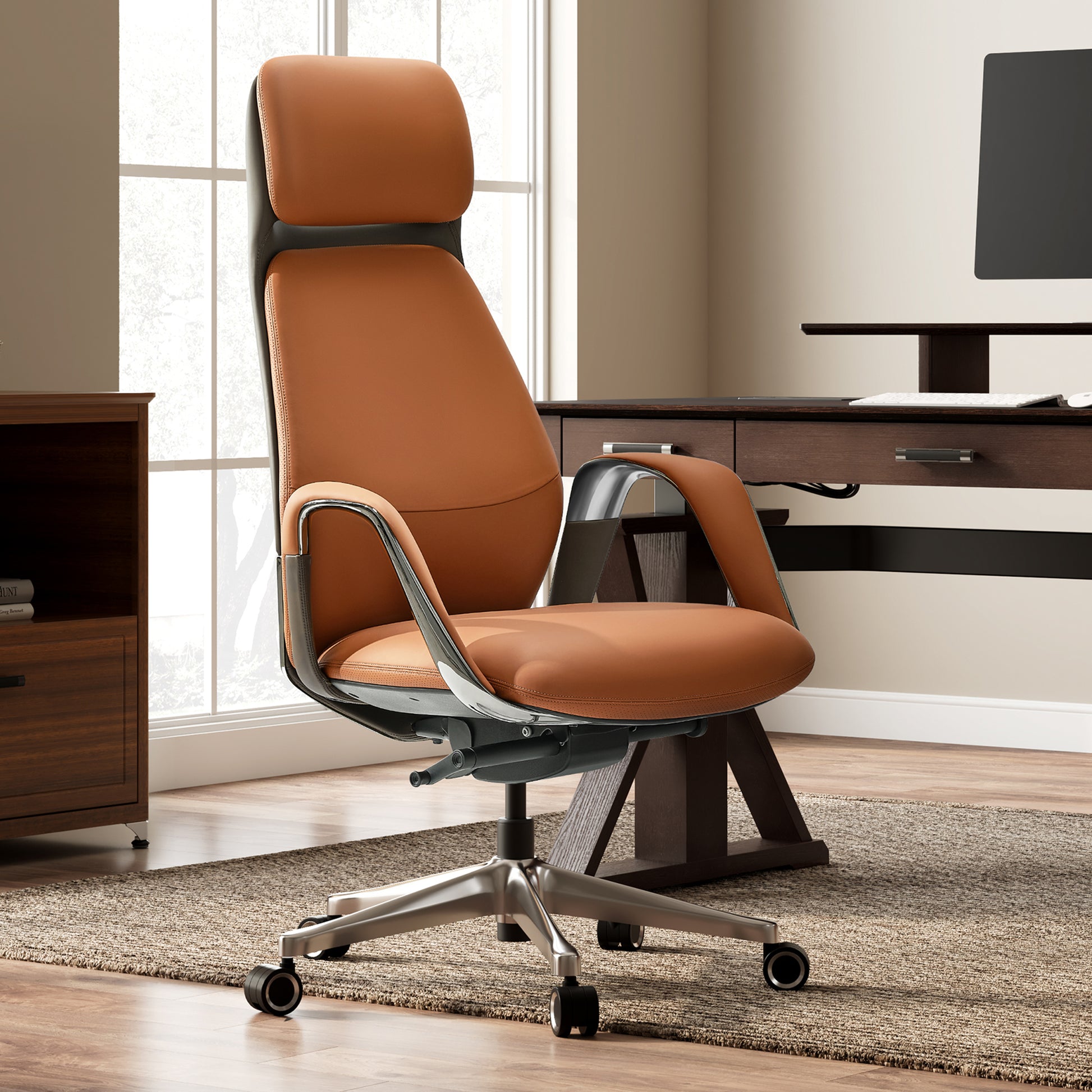 Serene Napa Leather Executive Office Chair - Cream Napa Leather With Brown. 