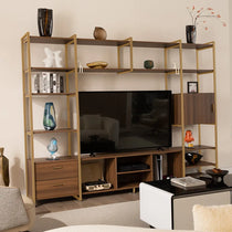 Sonoma Modern Tv Stand: Wood and Gold Entertainment Center With Storage Shelves, Cabinet, and Drawers.