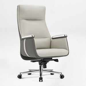 Royal II Executive Ergonomic Office Chair in Cream and Gray Leather, High Back, and Silver Accents.