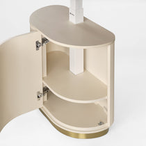 Eureka Ergonomic Opal Oval Executive Standing Desk Cabinet Detail in Light Beige With Brass Base.