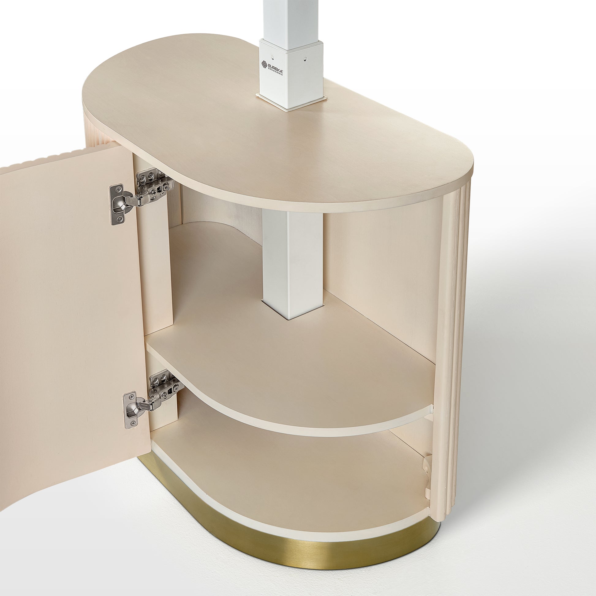 Eureka Ergonomic Opal Oval Executive Standing Desk Cabinet Detail in Light Beige With Brass Base.