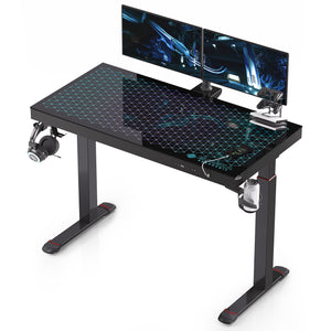 GTG 47 inch height adjustable RGB glass desk, gaming desk, RGB lighting, versatile design great for gaming room, work from home, content creation, sturdy standing desk, Dual Monitor, Lifestyle image 