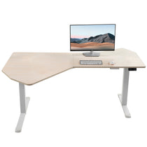 Office Standing Desk With Light Wood Grain Finish, Adjustable Height, and Monitor for Ergonomic Workspace.