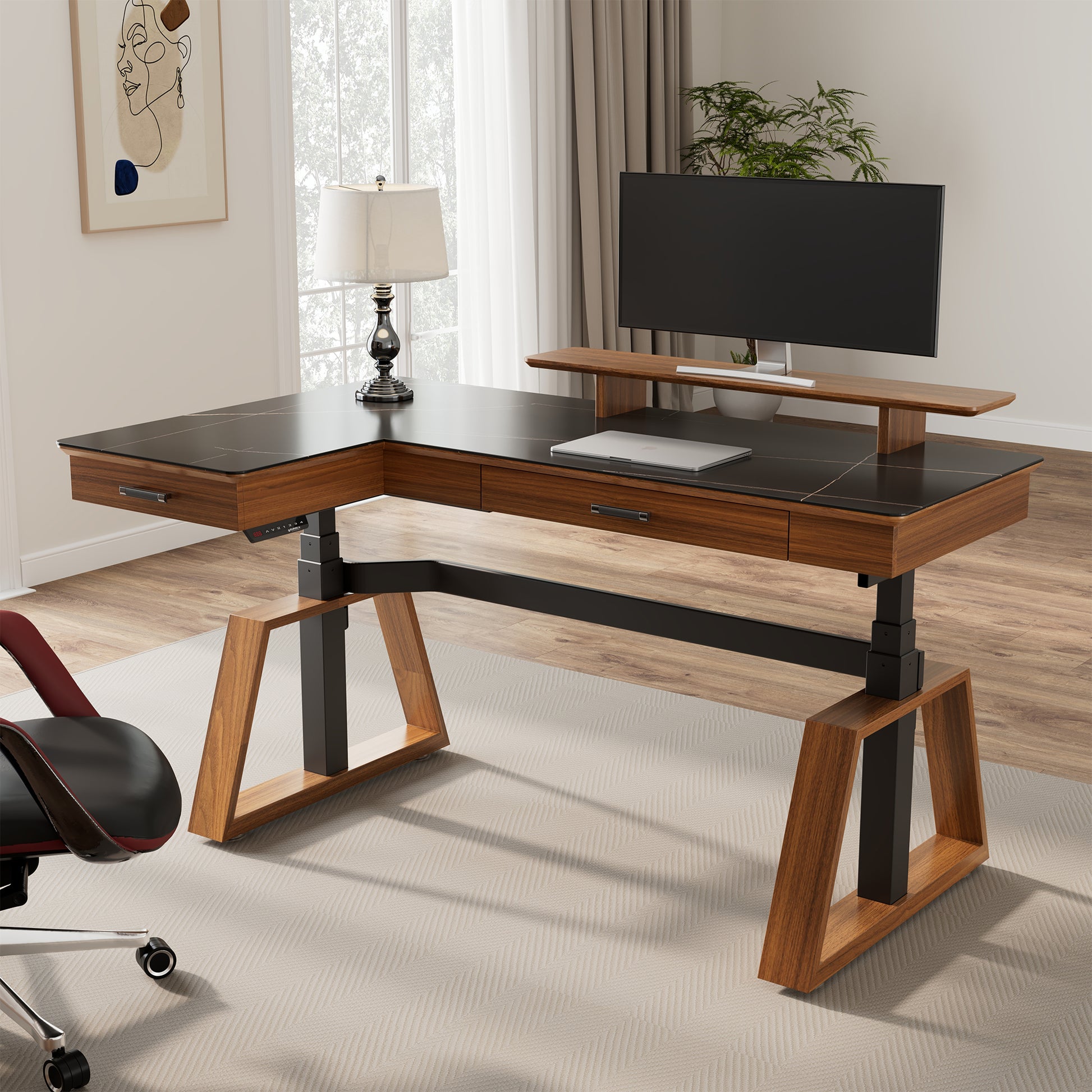 Ark L60 L Shaped Executive Slate Standing Desk with two-drawers
