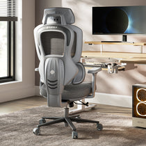 Gray office chair with Eureka Ergonomics branding in a home office setting.