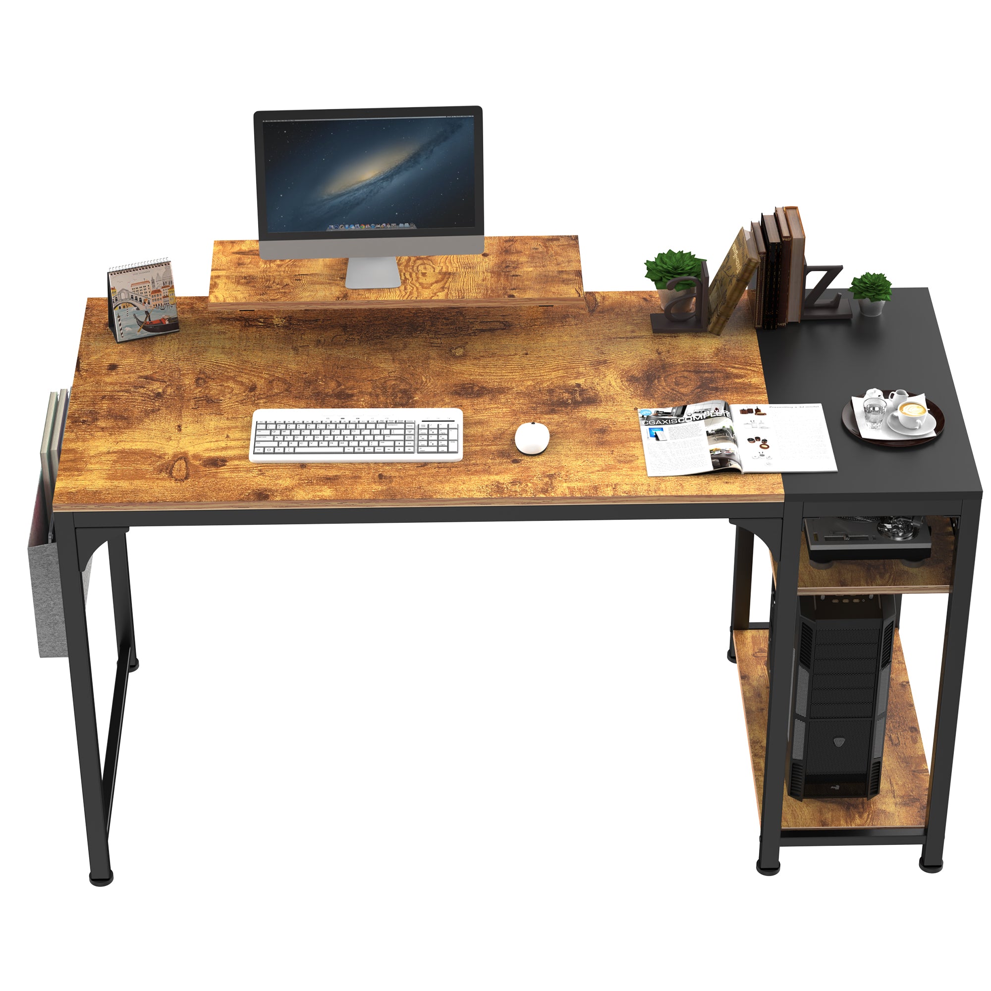 55'' Modern Home Office Desk with Built-in Monitor Riser for Workspace