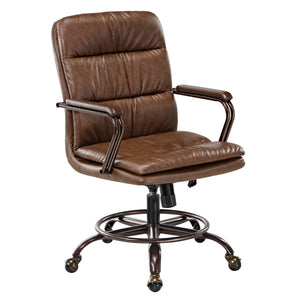 Brown Pu Leather Regal Home Office Chair With Mid-Century Design and Metal Accents, Ergonomic Workspace Furniture.