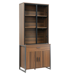 77'' Display Bookshelf with Glass Door and Storage Cabinets, Walnut