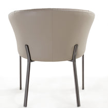 Jade Arm Dining Chair, Light Gray Upholstery, Dark Metal Legs. Retro-Modern Design, Dining Room Seating.