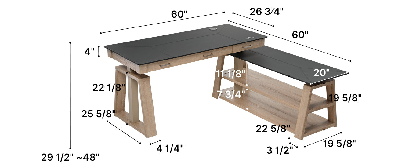 Eureka Ark EX 60'' L Shape Executive Standing Desk with Storage Shelf Product Dimensions