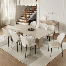Off-White Leather Dining Chairs With Black Legs, Dining Room Set. Modern Minimalist Design.