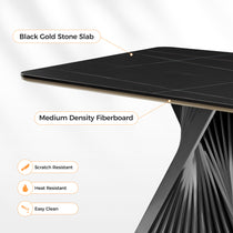 Eureka Ergonomic Oasis black dining table: "Black Gold Stone Slab" top, scratch & heat resistant, easy clean properties. Features MDF edge.