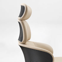 Eureka Ergonomic Royal Rowan beige microfiber leather executive chair with perforated headrest and ribbed black backrest detail.