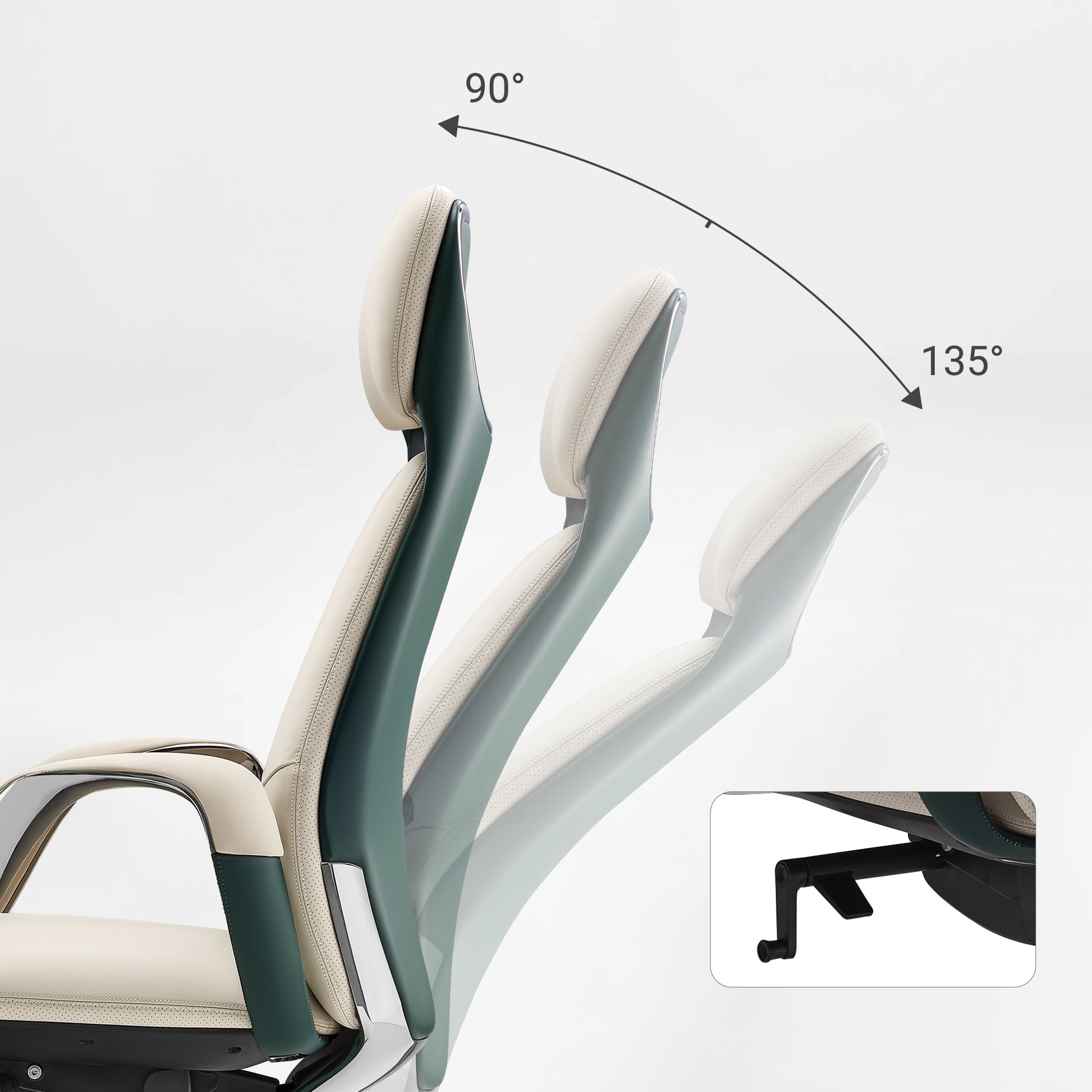 Eureka Ergonomic Serene executive chair shows 90 to 135 degree recline adjustment with cream perforated Napa leather.