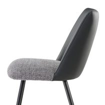 Solace Dining Chair in Black and Gray. Modern Design, Gray Upholstered Seat, Black Leather Backrest, and Black Metal Legs.