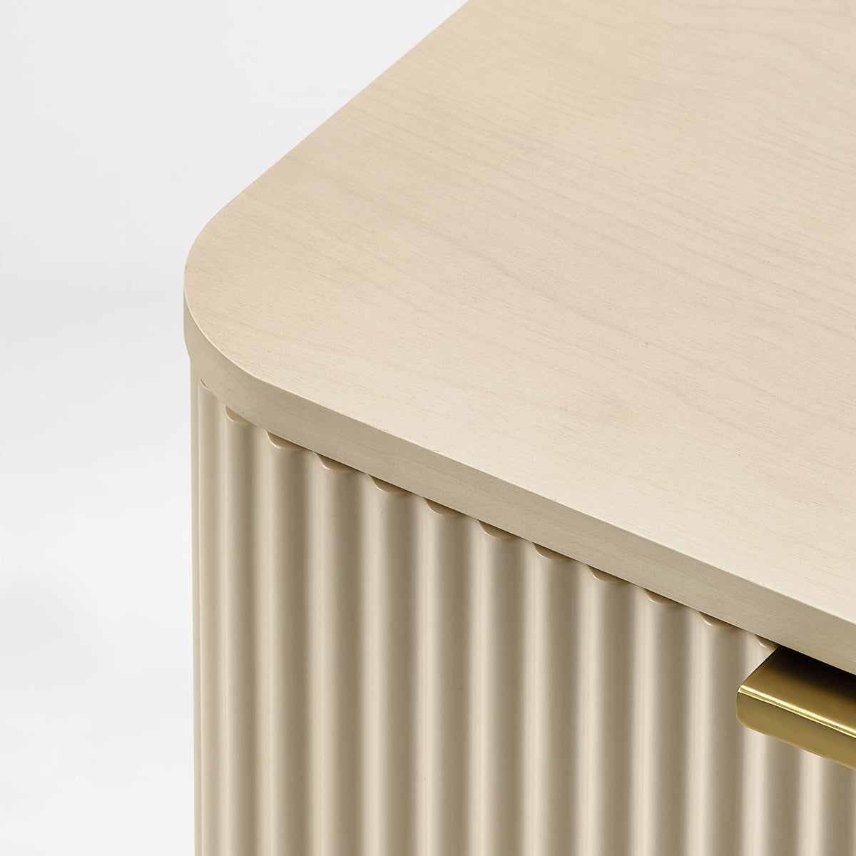 Eureka Ergonomic Opal file cabinet detail of the rounded top panel overhanging the fluted drawer fronts
