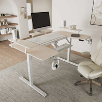 Eureka Ergonomic U-Shaped Standing Desk in Light Wood Finish With Ergonomic Accessories, Workspace Setup.