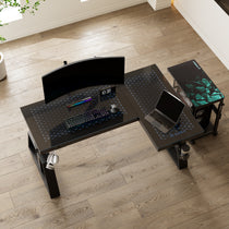 Eureka Ergonomic GTG-L60 Pro L-Shaped Glass Gaming Desk With Rgb Lighting and Curved Monitor, Black Finish.