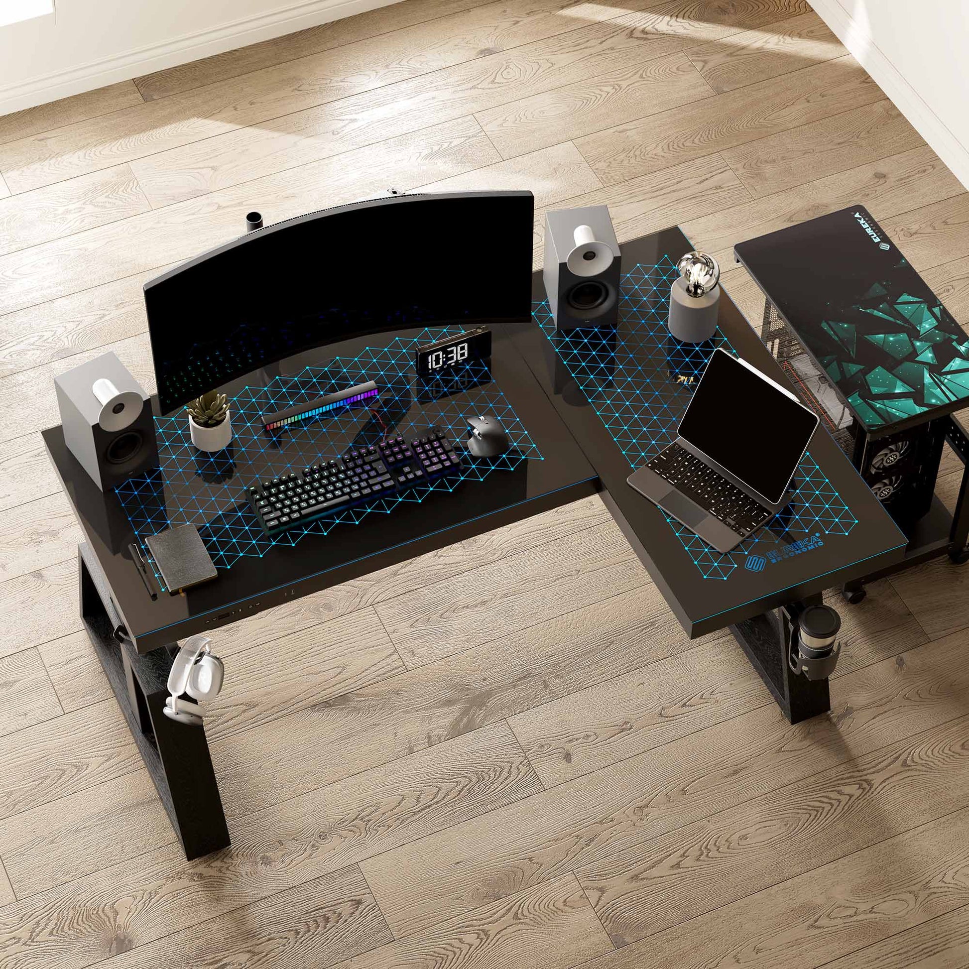 GTG-L60 PRO, L-Shaped Glass Desktop Gaming Standing Desk, Black-colored, Right Sided, RGB Light Up Gaming Desk, Glass Top, RGB Lifestyle 