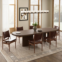 Mid-Century Modern Dining Set: Brown Leather Chairs With Wood Frame Around Solid Wood Table, Luxurious Design.
