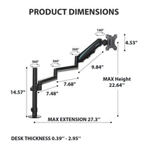 Eureka Ergonomic Monitor Arm Dimensions: Max Height 22.64, Max Extension 27.3, and Desk Thickness Compatibility.