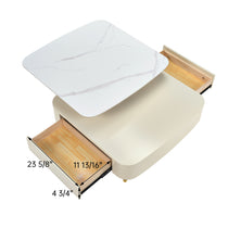 Creamy White Rotating Coffee Table With Marble Top and Drawers, Detailed Dimensions Shown.