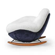 Chloe Comfy Rocking Lounge Chair, Off-White Sherpa Cushion and Navy Fabric, Wooden Rocking Base.